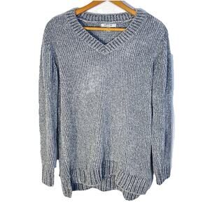 Orvis Chenille Knit V-Neck Tunic Sweater Gray Marbled Oversized Medium